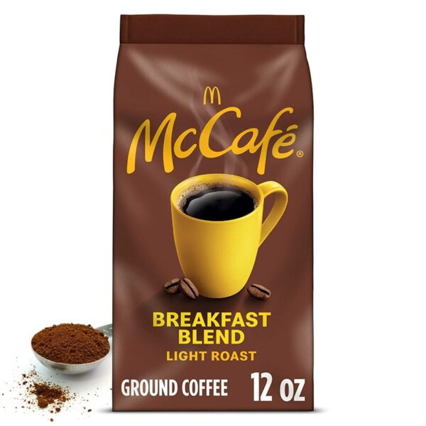 McDonald's McCafé Սուրճի շագանակագույն փաթեթ՝ Ապրանքանիշի տարբերանշանով, Ապրանքի անվանումով, բովվածության աստիճանի ցուցիչով, աղացվածության չափի նկարագրությամբ և Ապրանքի քաշով։