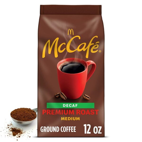 McDonald's McCafé Սուրճի շագանակագույն փաթեթ՝ Ապրանքանիշի տարբերանշանով, Ապրանքի անվանումով, բովվածության աստիճանի ցուցիչով, աղացվածության չափի նկարագրությամբ և Ապրանքի քաշով։