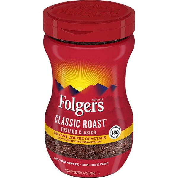 Folgers Classic Roast Instant Coffee Crystals-ի կարմիր պլաստիկ տարա՝ կարմիր կափարիչով, որը ցույց է տալիս Folgers-ի պատկերանշանը և զուտ քաշը: