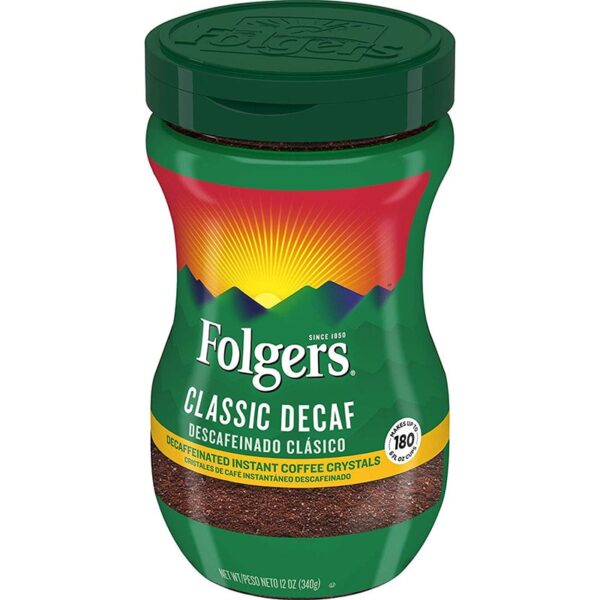 Folgers Classic Decaf Instant Coffee Crystals-ի կանաչ պլաստիկ տարա՝ կանաչ կափարիչով, որը ցույց է տալիս Folgers-ի պատկերանշանը և զուտ քաշը: