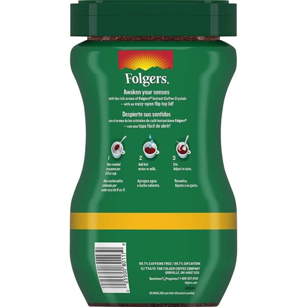 Folgers Classic Decaf Instant Coffee Crystals-ի կանաչ պլաստիկ տարա՝ կանաչ կափարիչով, որը ցույց է տալիս Folgers-ի պատկերանշանը և Սուրճի պատրաստման քայլերը: