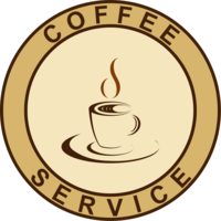 Round logo with a stylized drawing of a steaming coffee cup on a saucer, within a light yellow circle, surrounded by a brown ring with the words "COFFEE SERVICE" in black capital letters.