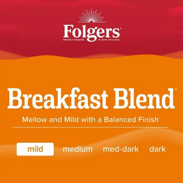 Գրաֆիկական պատկեր "Breakfast Blend" գրվածքով, Folgers Ապրանքանիշի տարբերանշանով և Սուրճի բովվածության աստիճանի նշումով։