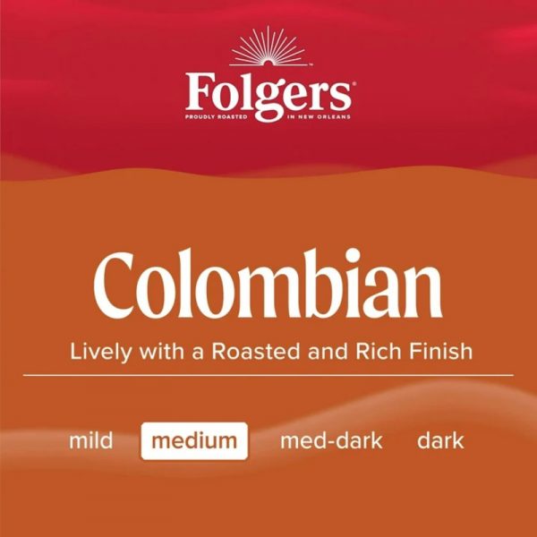 Գրաֆիկական պատկեր "Colombian" գրվածքով, Folgers Ապրանքանիշի տարբերանշանով և Սուրճի բովվածության աստիճանի նշումով։