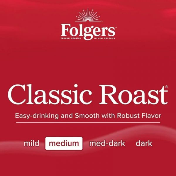 Գրաֆիկական պատկեր "Classic Roast" գրվածքով, Folgers Ապրանքանիշի տարբերանշանով և Սուրճի բովվածության աստիճանի նշումով։