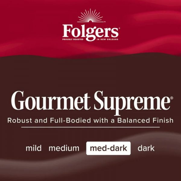 Գրաֆիկական պատկեր "Gourmet Supreme" գրվածքով, Folgers Ապրանքանիշի տարբերանշանով և Սուրճի բովվածության աստիճանի նշումով։