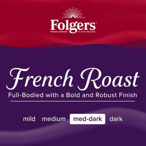 Գրաֆիկական պատկեր "French Roast" գրվածքով, Folgers Ապրանքանիշի տարբերանշանով և Սուրճի բովվածության աստիճանի նշումով։