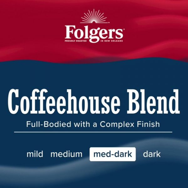 Գրաֆիկական պատկեր "Coffeehouse Blend" գրվածքով, Folgers Ապրանքանիշի տարբերանշանով և Սուրճի բովվածության աստիճանի նշումով։