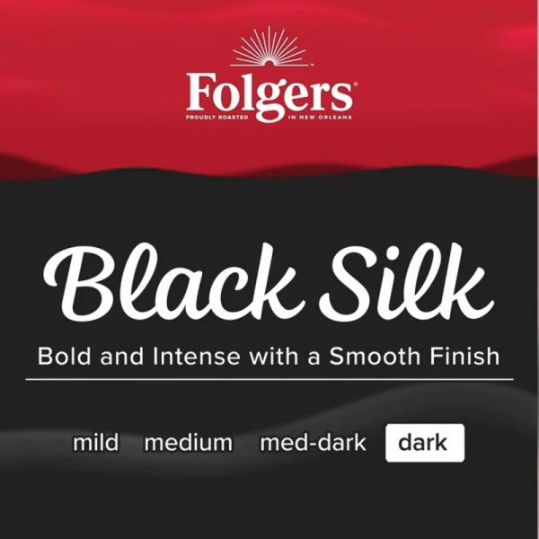 Գրաֆիկական պատկեր "Black Silk" գրվածքով, Folgers Ապրանքանիշի տարբերանշանով և Սուրճի բովվածության աստիճանի նշումով։