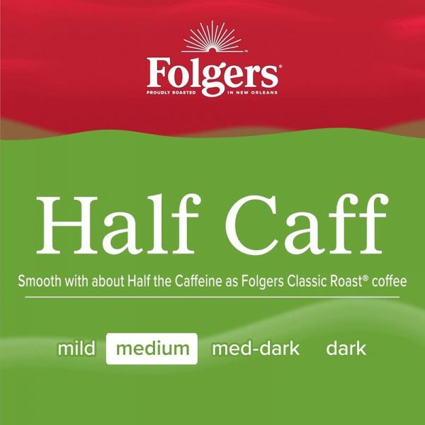 Գրաֆիկական պատկեր "Half Caff" գրվածքով, Folgers Ապրանքանիշի տարբերանշանով և Սուրճի բովվածության աստիճանի նշումով։