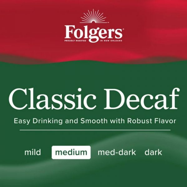 Գրաֆիկական պատկեր "Classic Decaf" գրվածքով, Folgers Ապրանքանիշի տարբերանշանով և Սուրճի բովվածության աստիճանի նշումով։