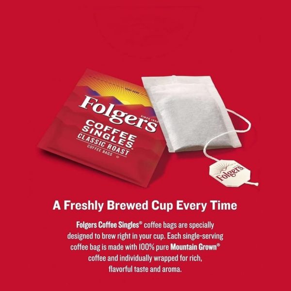 Folgers Classic Roast Coffee Singles-ի մեկ օրինակ կարմիր ֆոնի վրա։